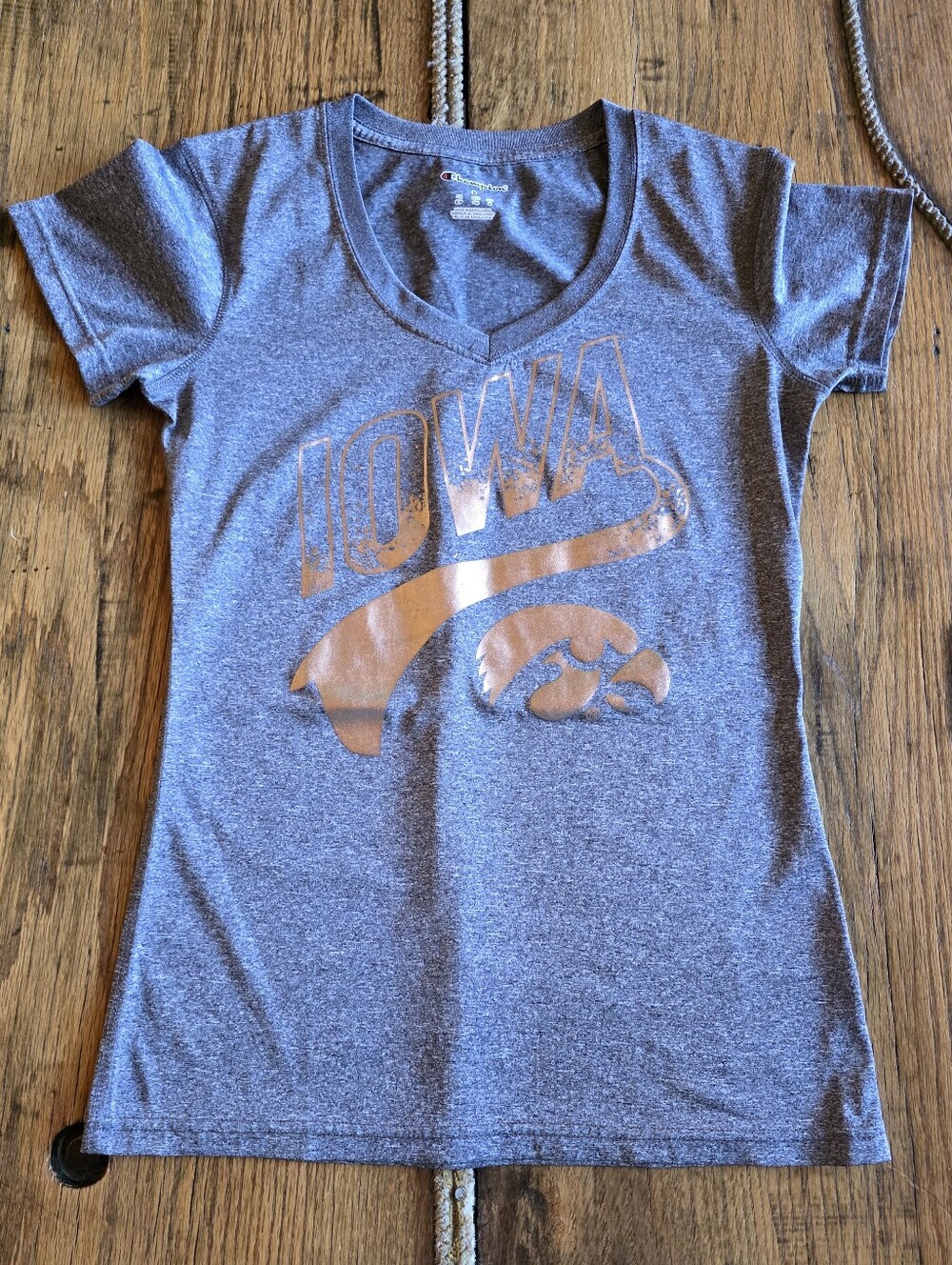 Champion Heather Gray Womens V-Neck Tee with Metallic Gold Iowa Logo Small